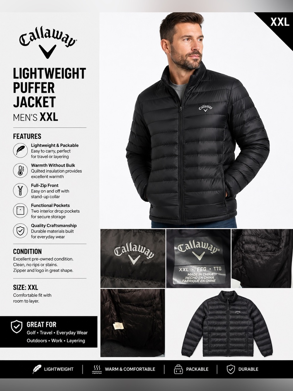 Callaway men’s lightweight quilted puffer jacket